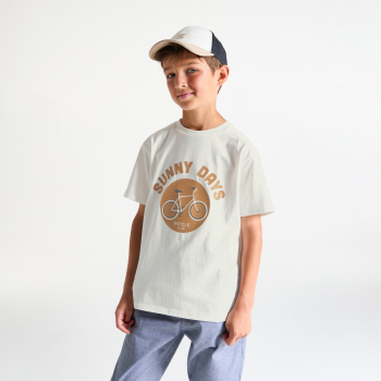 تيشيرت أبيض بأكمام قصيرة بنقش صورة دراجة للأولاد